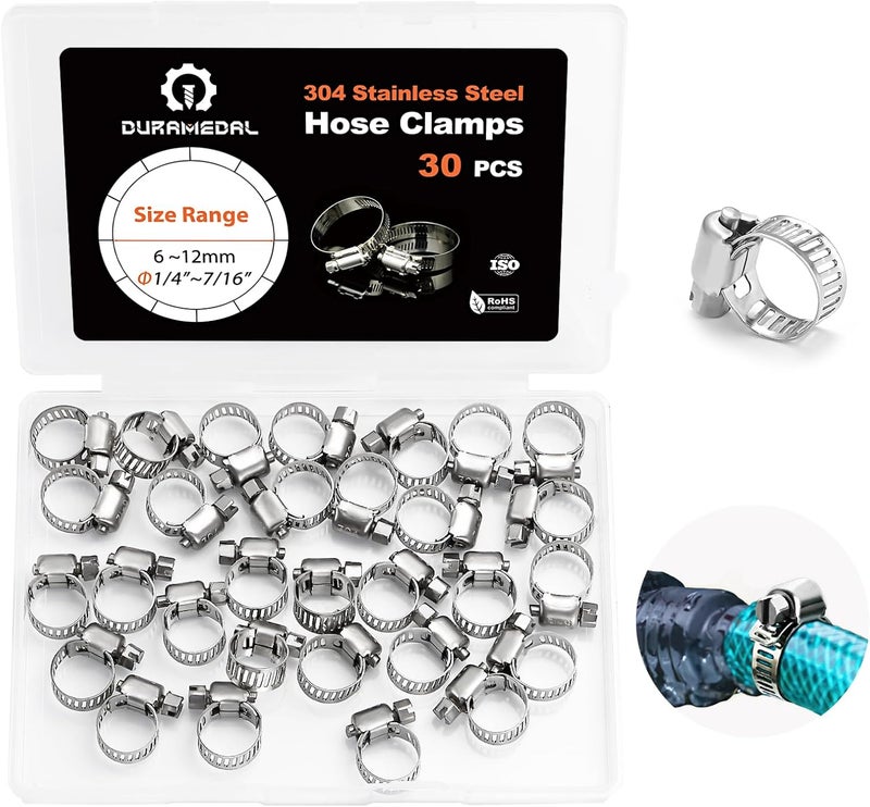 Duramedal Hose Clamp- 30 PCS Stainless Steel Hose Clamps Assortment Kit 1/4''–7/16'' stainless steel hose clamps for Fuel Line, Plumbing, Automotive, Mechanical Applications, Tube, Garden - Image 1